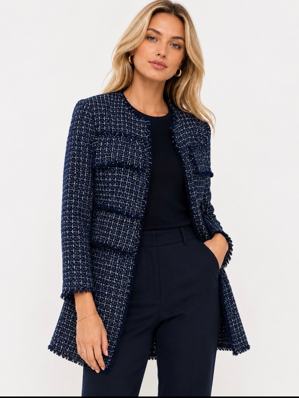 Ann Taylor Coat Blue Longline Tweed Blazer S